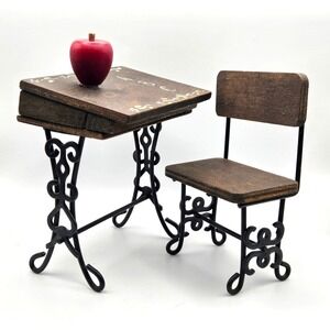 Vintage Miniature Wood  &  Metal School Desk Set Hand Painted Design ABC Teacher
